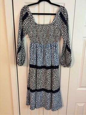 foxiedox Blue and White Printed Smocked Midi Dress with Lace Trim